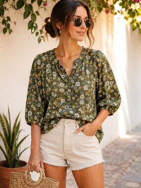 Denver Hayes Olive Green Floral Blouse with Cream & Yellow Flowers